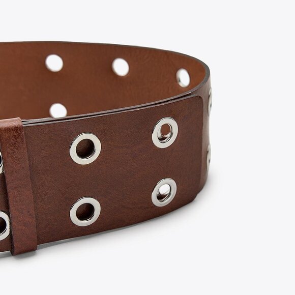 NWT ZARA STUDDED LEATHER BELT BROWN